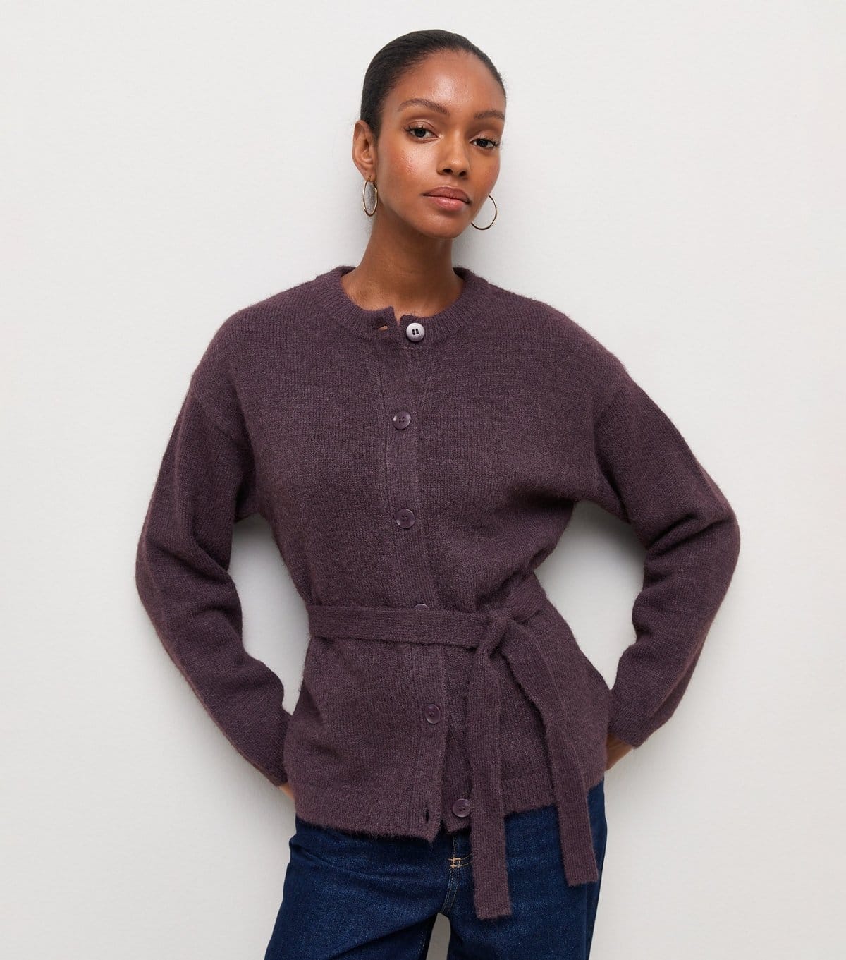 New Look Women's Dark Purple Knitted Belted Cardigan