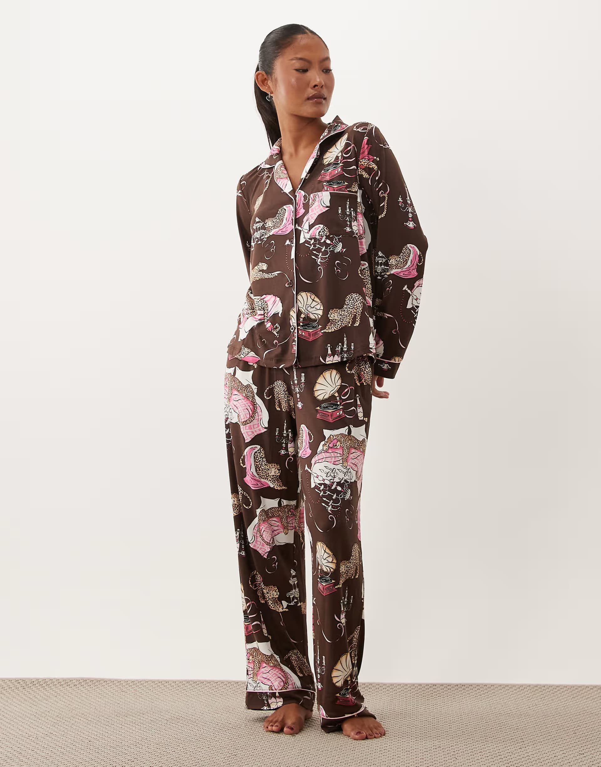 ASOS Chelsea Peers Petite button up pyjama set in neutral party leopard print