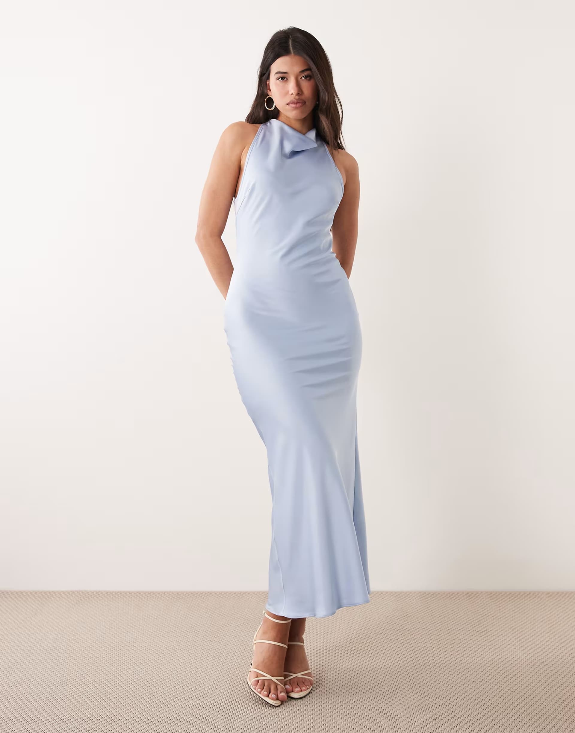 ASOS Kaiia exclusive satin high cowl neck lace back detail maxi dress in baby blue