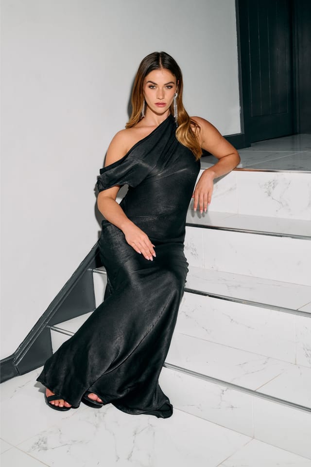 Finding Friday Finding Friday Women's Hammered Satin Asymmetric Bias Maxi Dress in Black - 2