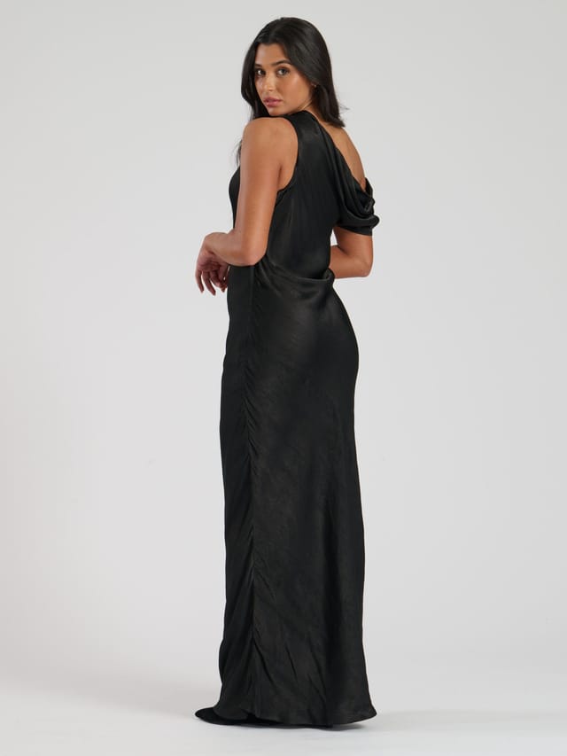 Finding Friday Finding Friday Women's Hammered Satin Asymmetric Bias Maxi Dress in Black - 3