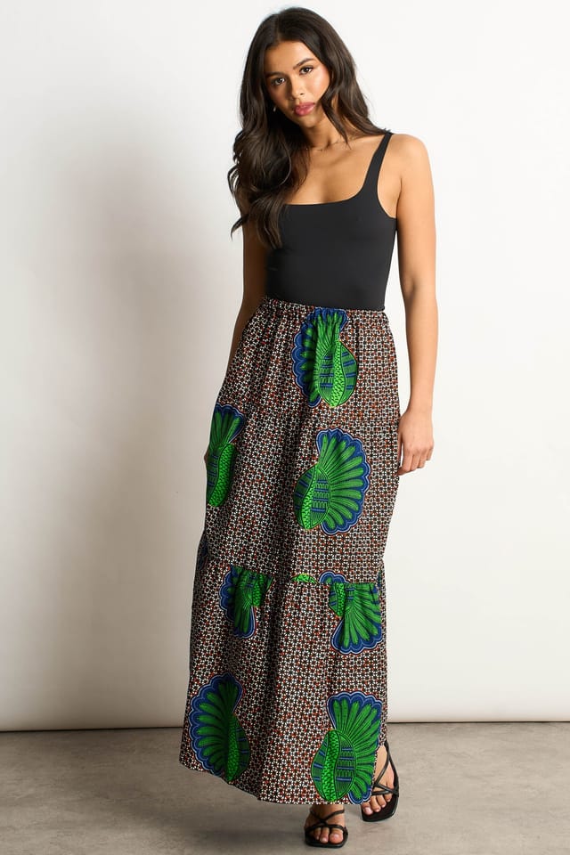 Dals Hart Dals Hart Women's Green Patterned Tiered Maxi Skirt - 2
