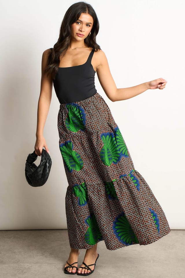 Dals Hart Dals Hart Women's Green Patterned Tiered Maxi Skirt - 3