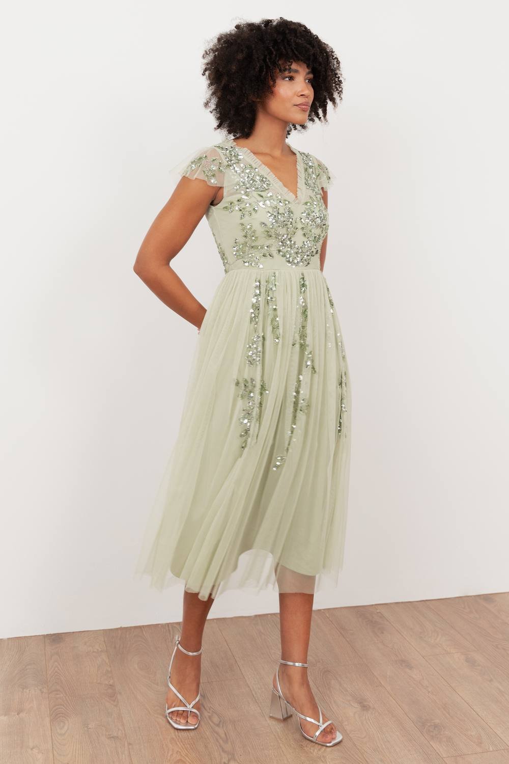 Maya Deluxe Maya Deluxe Women's Embellished Tulle Midi Dress in Light Green - 2