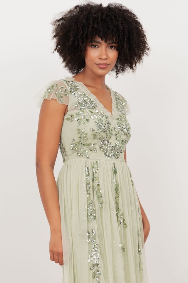 Maya Deluxe Maya Deluxe Women's Embellished Tulle Midi Dress in Light Green - 3
