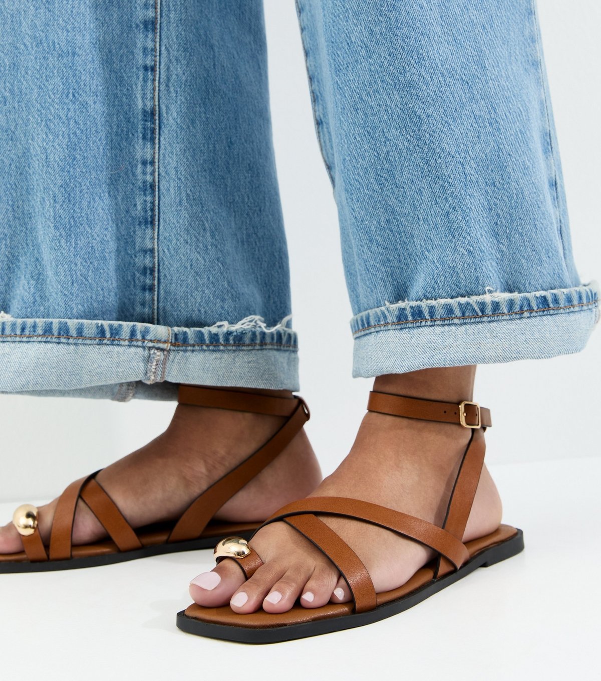 New Look Women's Tan Faux Leather Multi Strap Toe Ring Flat Sandals Vegan New Look - 3