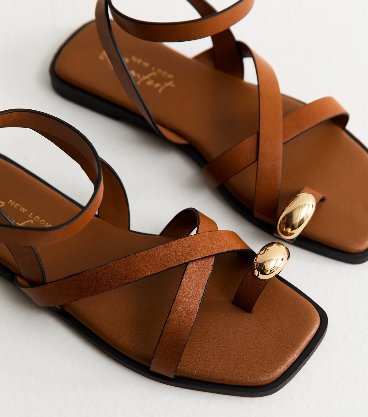 New Look Women's Tan Faux Leather Multi Strap Toe Ring Flat Sandals Vegan New Look - 4