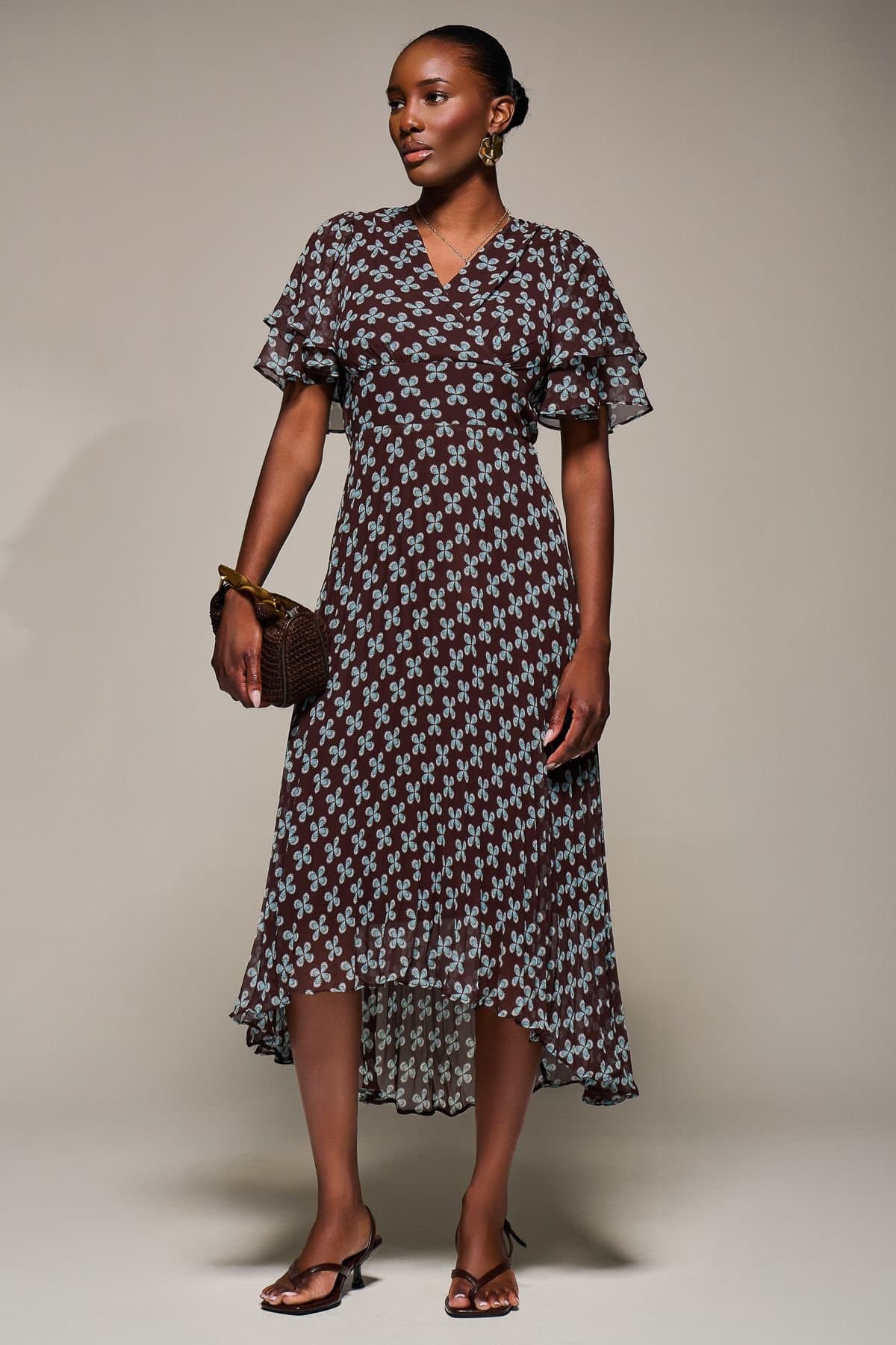 Jolie Moi Jolie Moi Women's Angel Sleeve Pleated Chiffon Midi Dress in Dark Brown