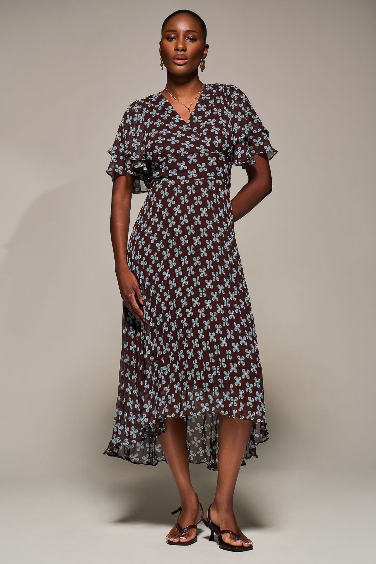 Jolie Moi Jolie Moi Women's Angel Sleeve Pleated Chiffon Midi Dress in Dark Brown - 4