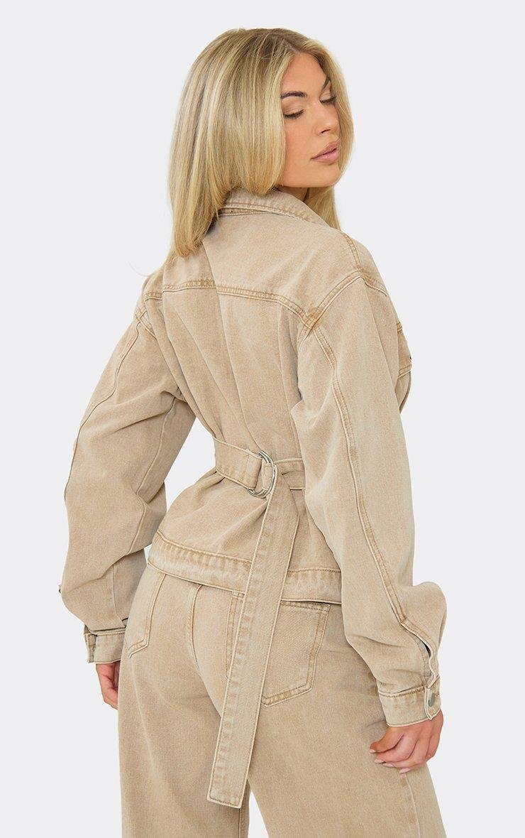 EGO Long Sleeve Button Front Tie Back Cinched Waist Jacket In Stone Denim, Women's Size UK 6 - 2