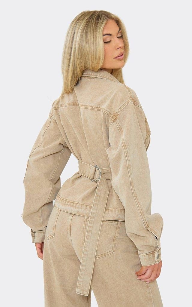 EGO Long Sleeve Button Front Tie Back Cinched Waist Jacket In Stone Denim, Women's Size UK 6 - 2