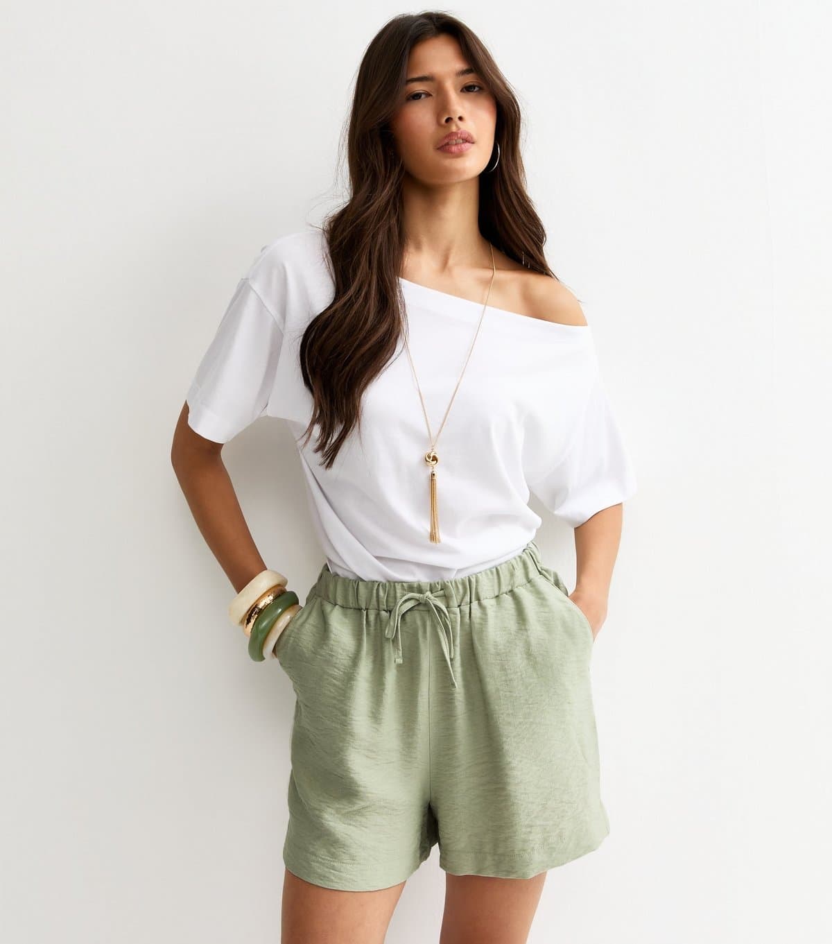 New Look Women's Light Green Crinkle Texture Drawstring Shorts New Look