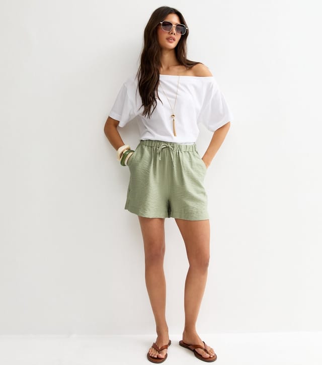 New Look Women's Light Green Crinkle Texture Drawstring Shorts New Look - 3