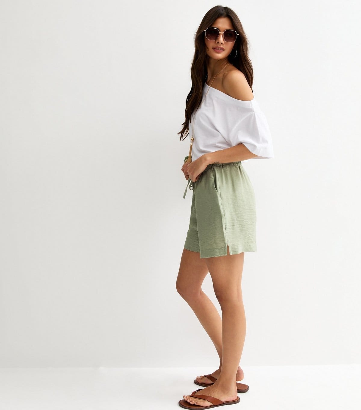 New Look Women's Light Green Crinkle Texture Drawstring Shorts New Look - 4