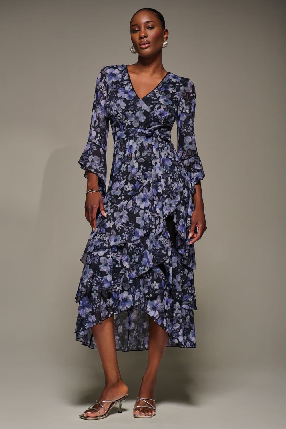 Jolie Moi Jolie Moi Women's Ruffle Sleeve Tiered Mesh Midaxi Dress in Black