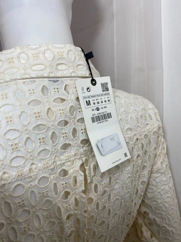 Zara Zara Woman Midi Dress Fitted Openwork Embroidered Ecru Cream Button Up Tie Waist Size M