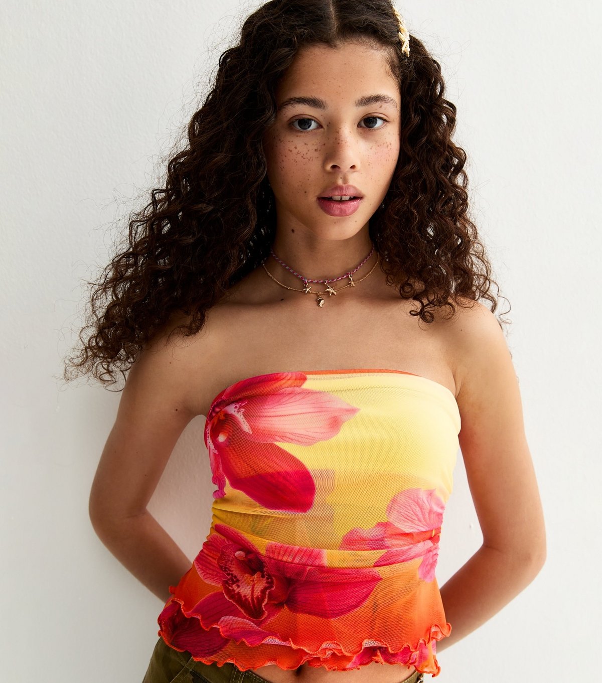 New Look Girls' Orange Ombre Hibiscus Flower Mesh Bandeau Top New Look - 2