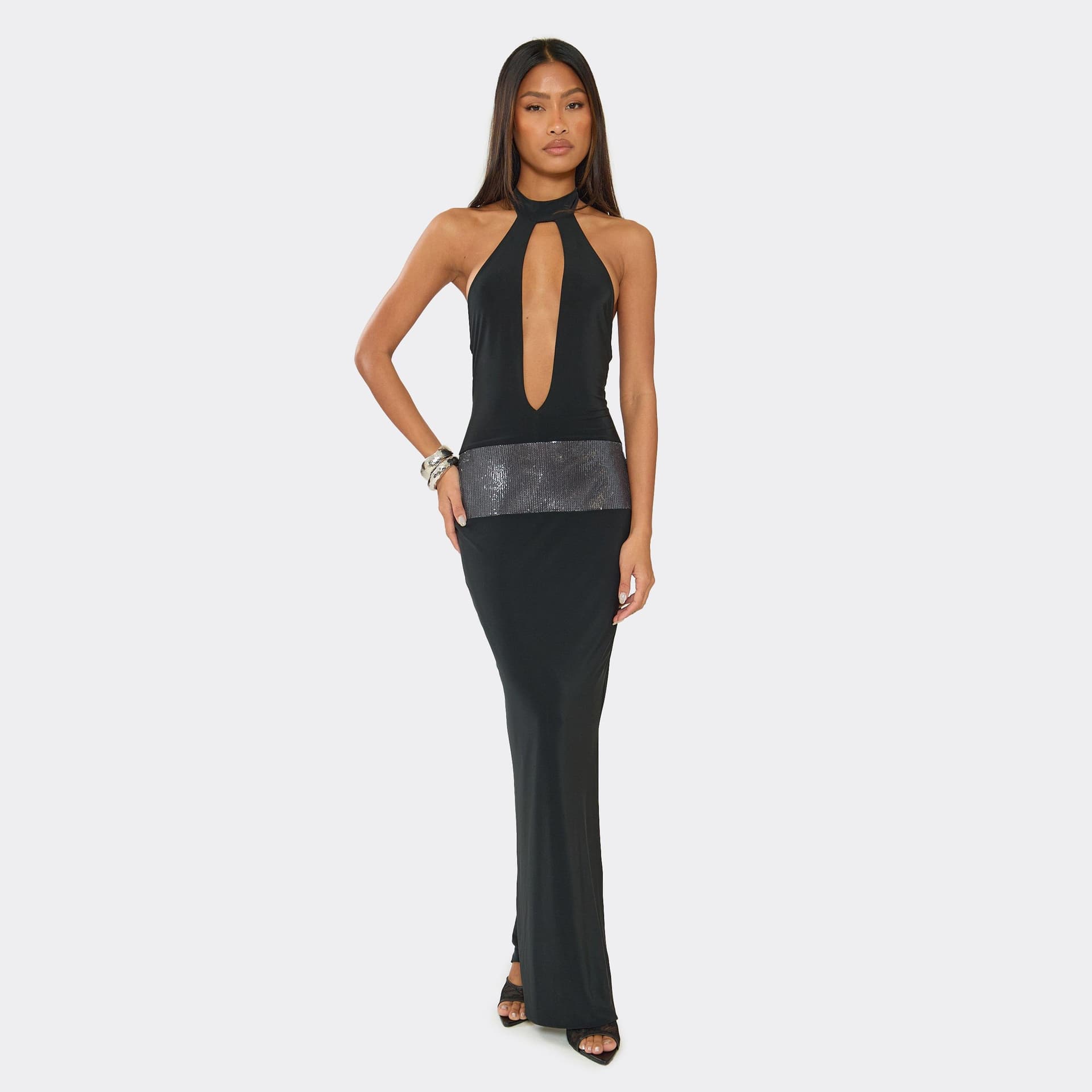 EGO High Neck Sequin Panel Cut Out Split Leg Maxi Dress In Black, Women's Size UK 6