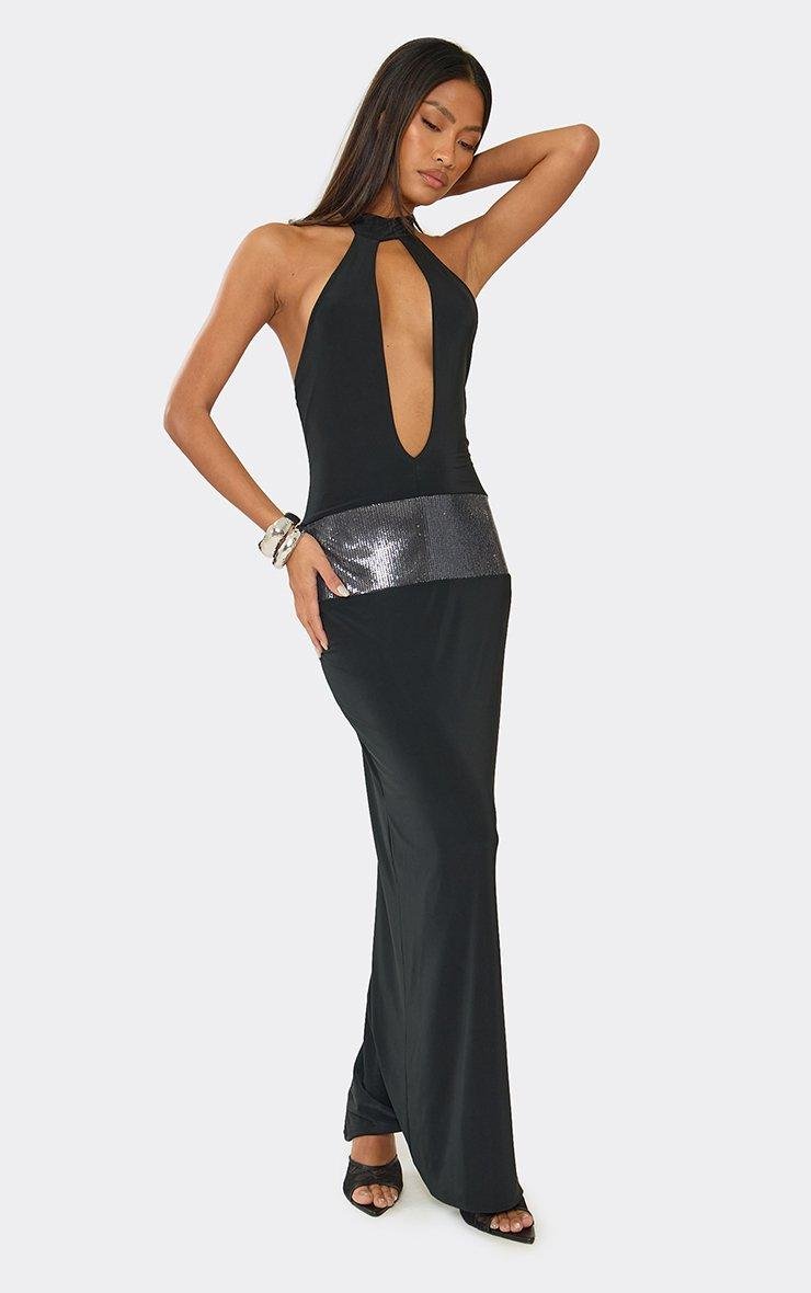 EGO High Neck Sequin Panel Cut Out Split Leg Maxi Dress In Black, Women's Size UK 6 - 2