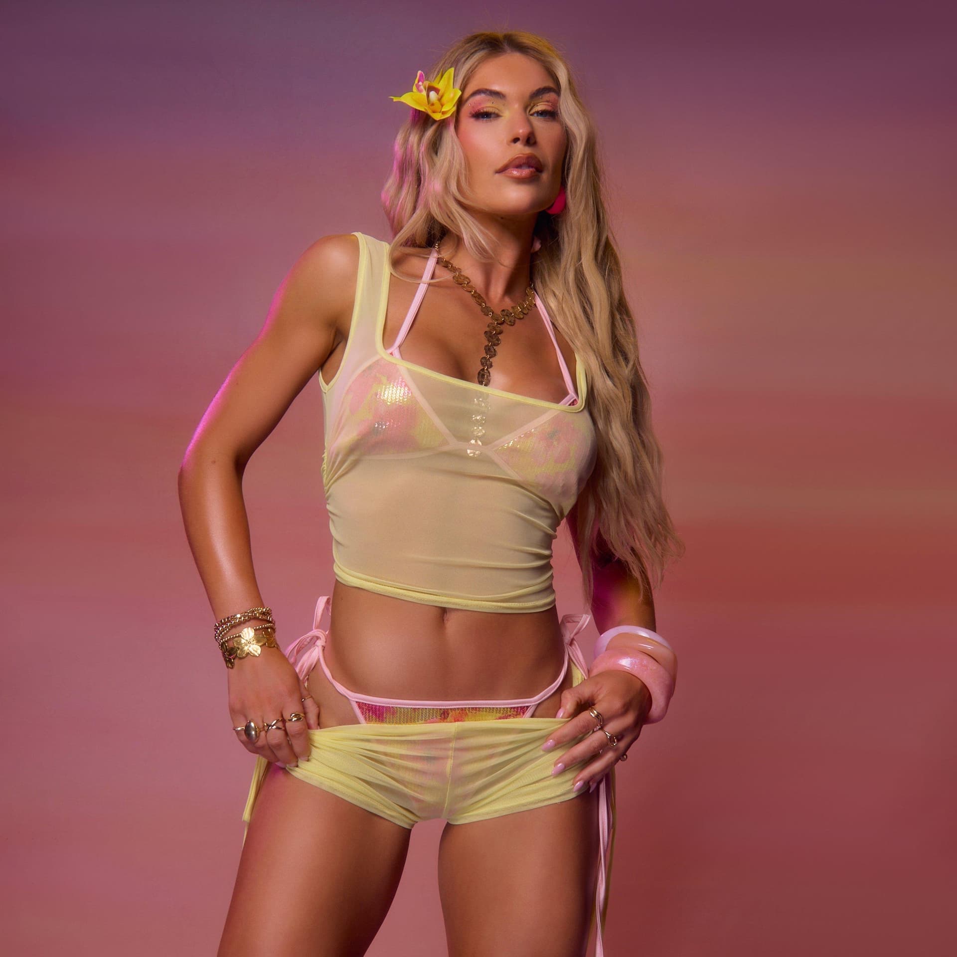 EGO Low Rise Ruched Mini Shorts In Lemon Mesh, Women's Size UK 6