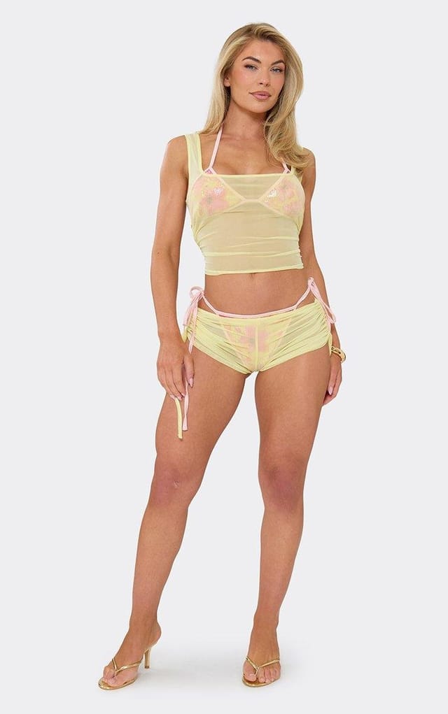 EGO Low Rise Ruched Mini Shorts In Lemon Mesh, Women's Size UK 6 - 2