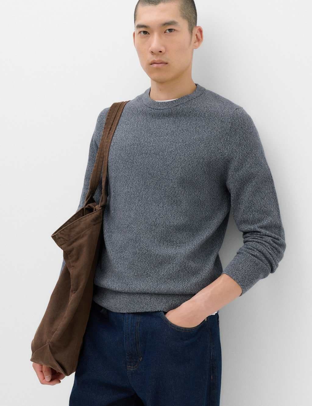 Marks & Spencer M&S Pure Cotton Textured Crew Neck Jumper Blue Mix