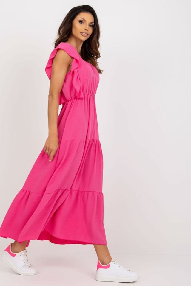 Love Lace Love Lace Women's Italian Loose Fit Square Neck Long Summer Dress in Bright Pink - 3