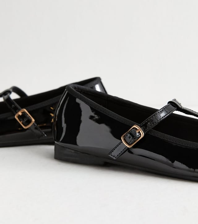 New Look Women's Black Patent Faux Leather T Bar Mary Jane Flats Vegan New Look - 3