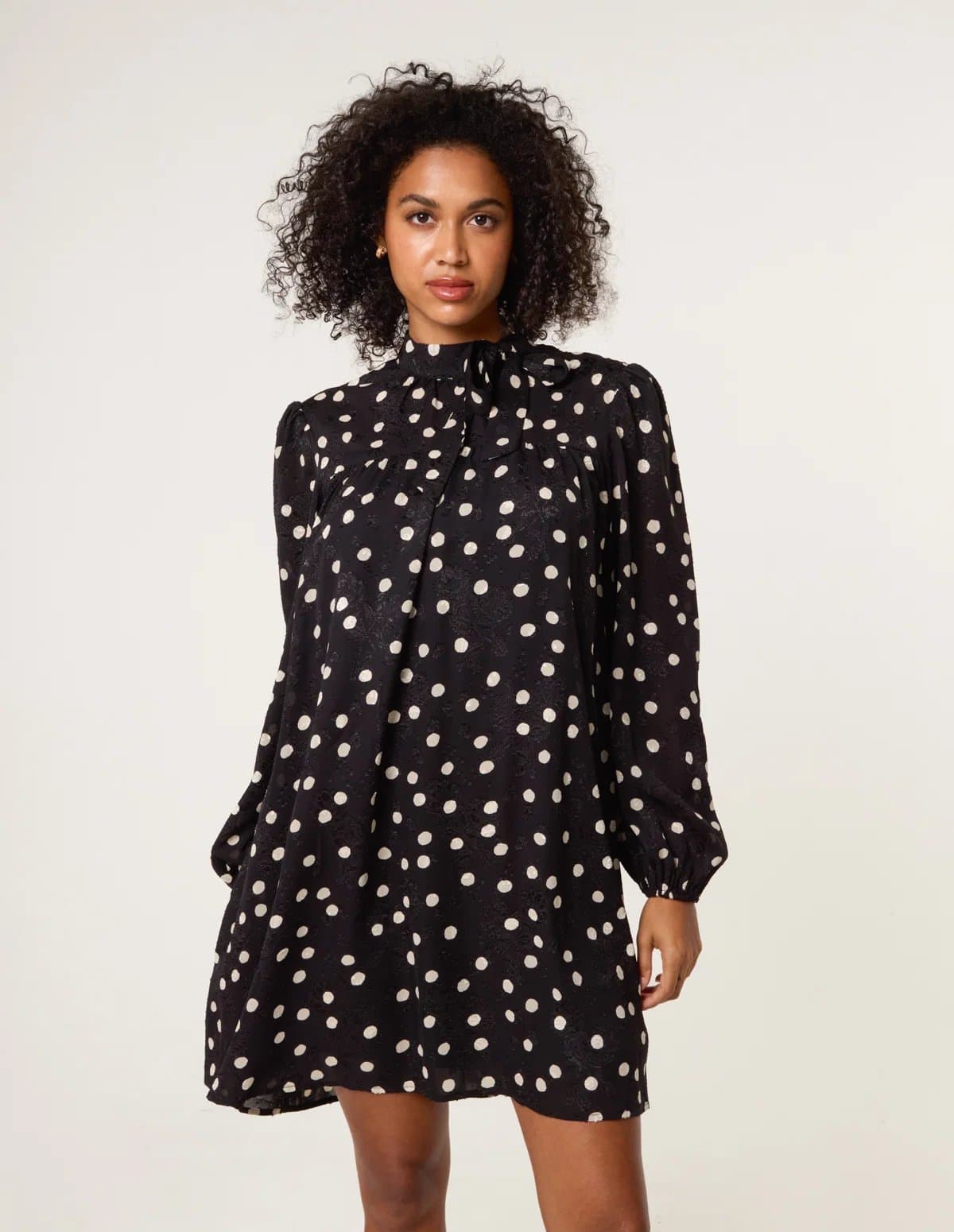 Blue Vanilla Polka Dot Tie Neck Smock Dress