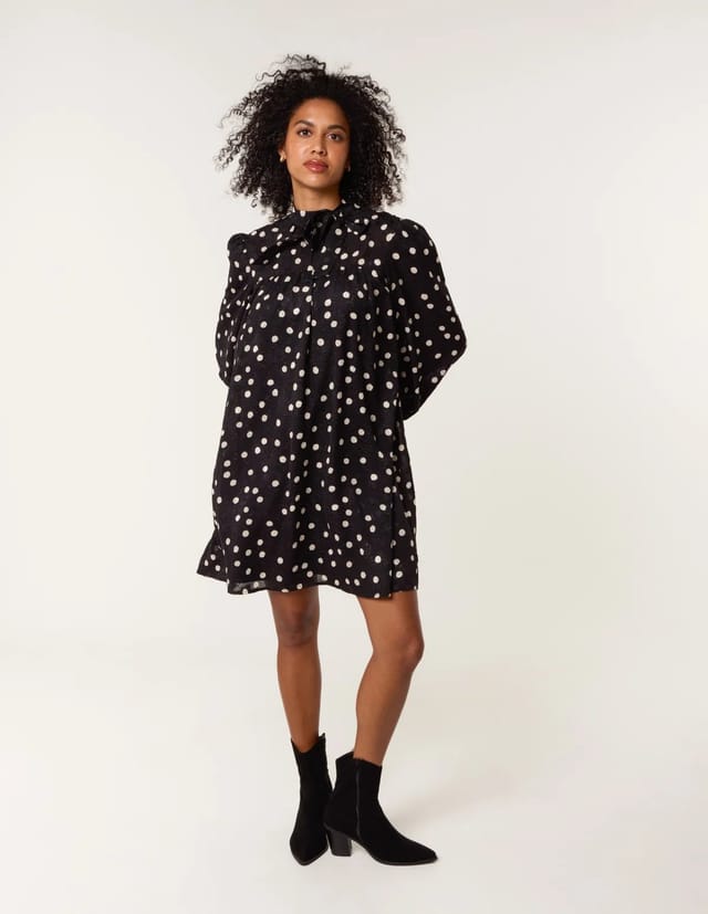 Blue Vanilla Polka Dot Tie Neck Smock Dress - 2