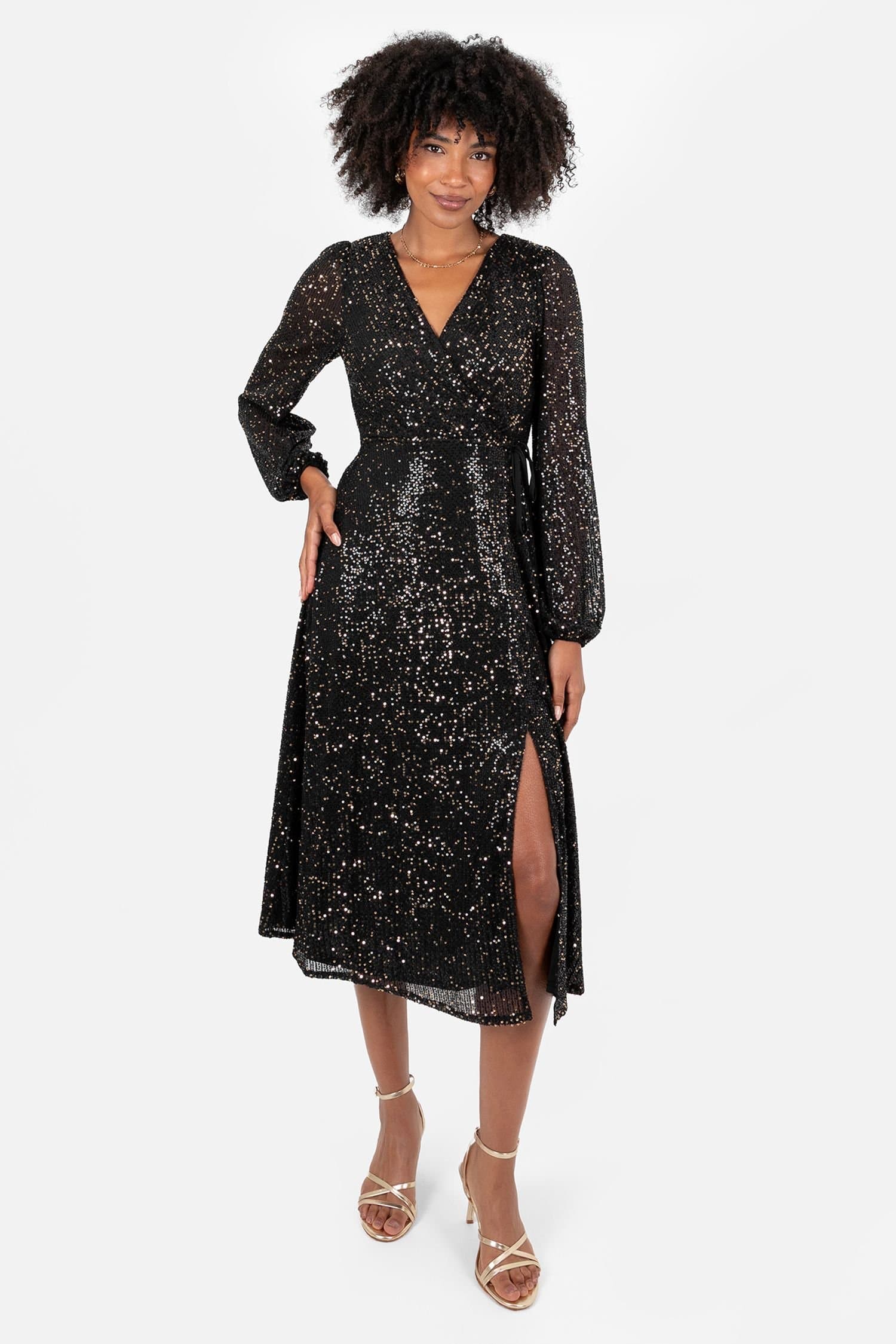 Lovedrobe Lovedrobe Women's Sequin Faux Wrap Long Sleeve Midi Dress in Black