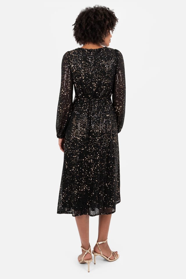 Lovedrobe Lovedrobe Women's Sequin Faux Wrap Long Sleeve Midi Dress in Black - 2