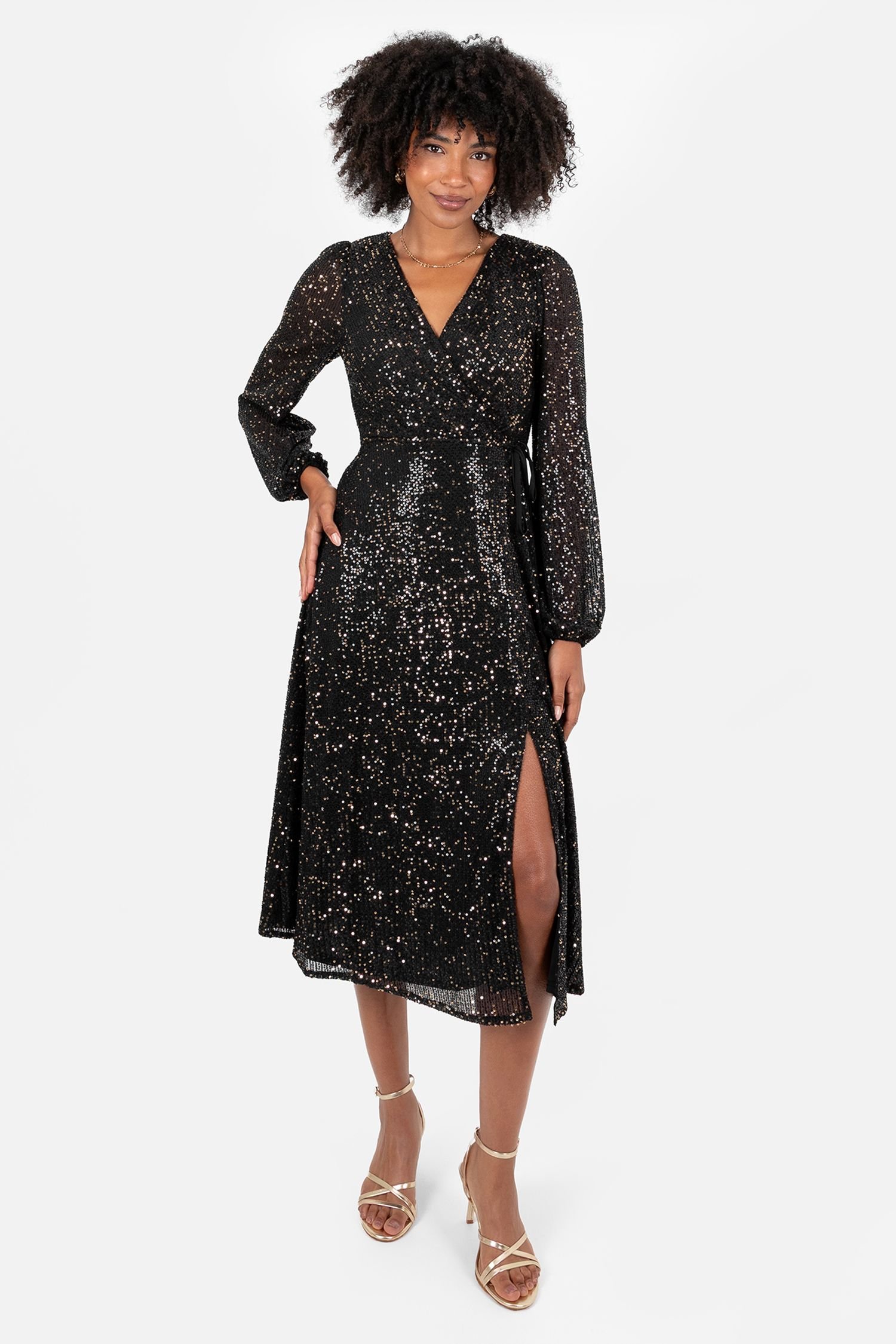 Lovedrobe Lovedrobe Women's Sequin Faux Wrap Long Sleeve Midi Dress in Black - 3