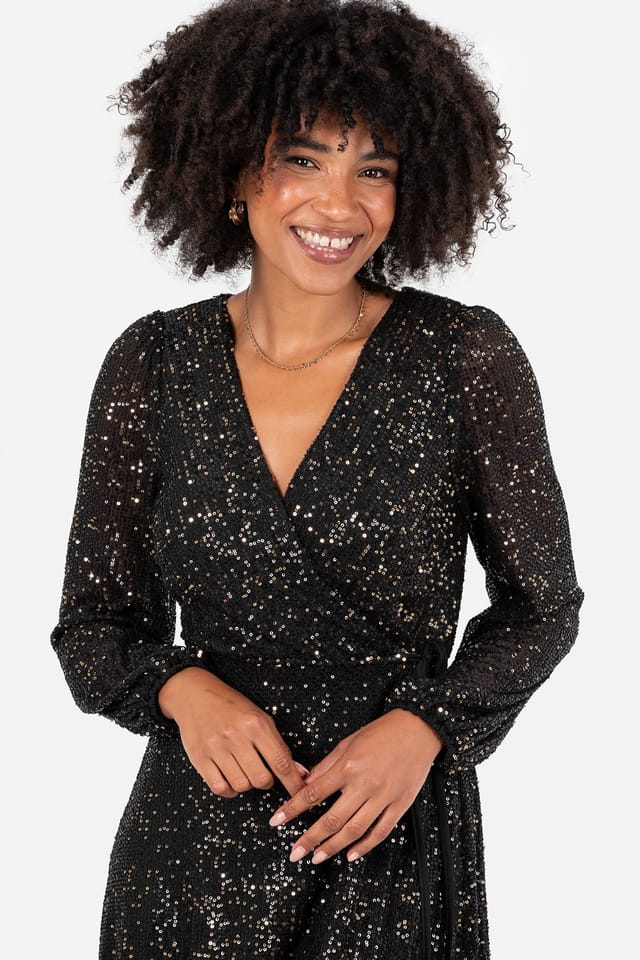 Lovedrobe Lovedrobe Women's Sequin Faux Wrap Long Sleeve Midi Dress in Black - 3