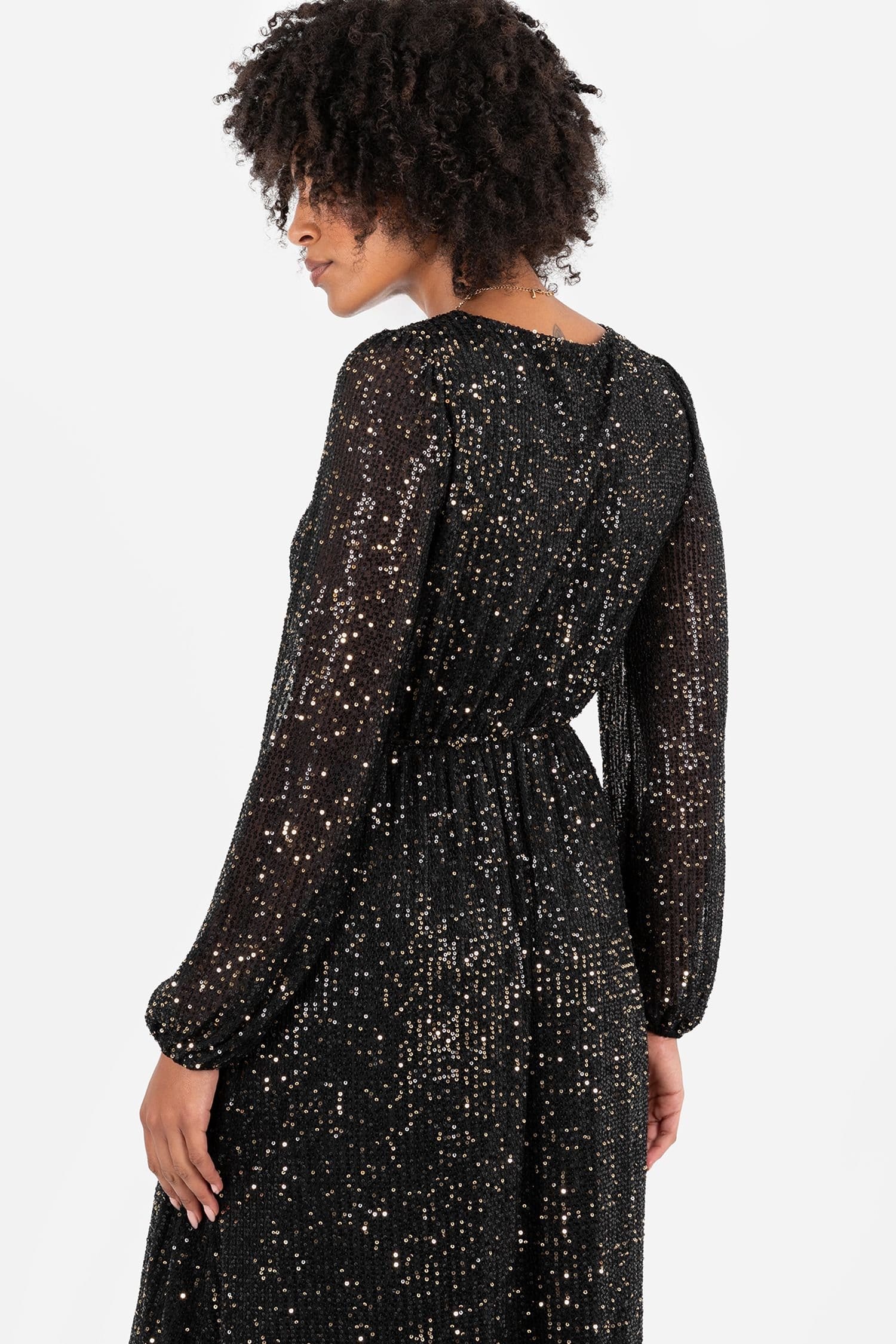 Lovedrobe Lovedrobe Women's Sequin Faux Wrap Long Sleeve Midi Dress in Black - 4