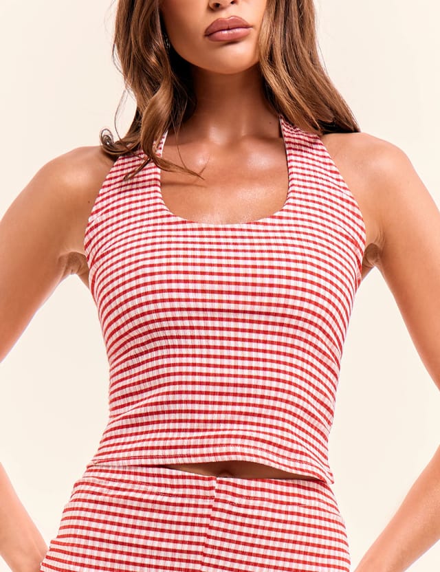 Public Desire Halterneck Gingham Crop Top Red And White - 2