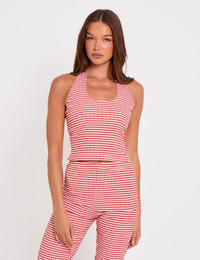 Public Desire Halterneck Gingham Crop Top Red And White - 3