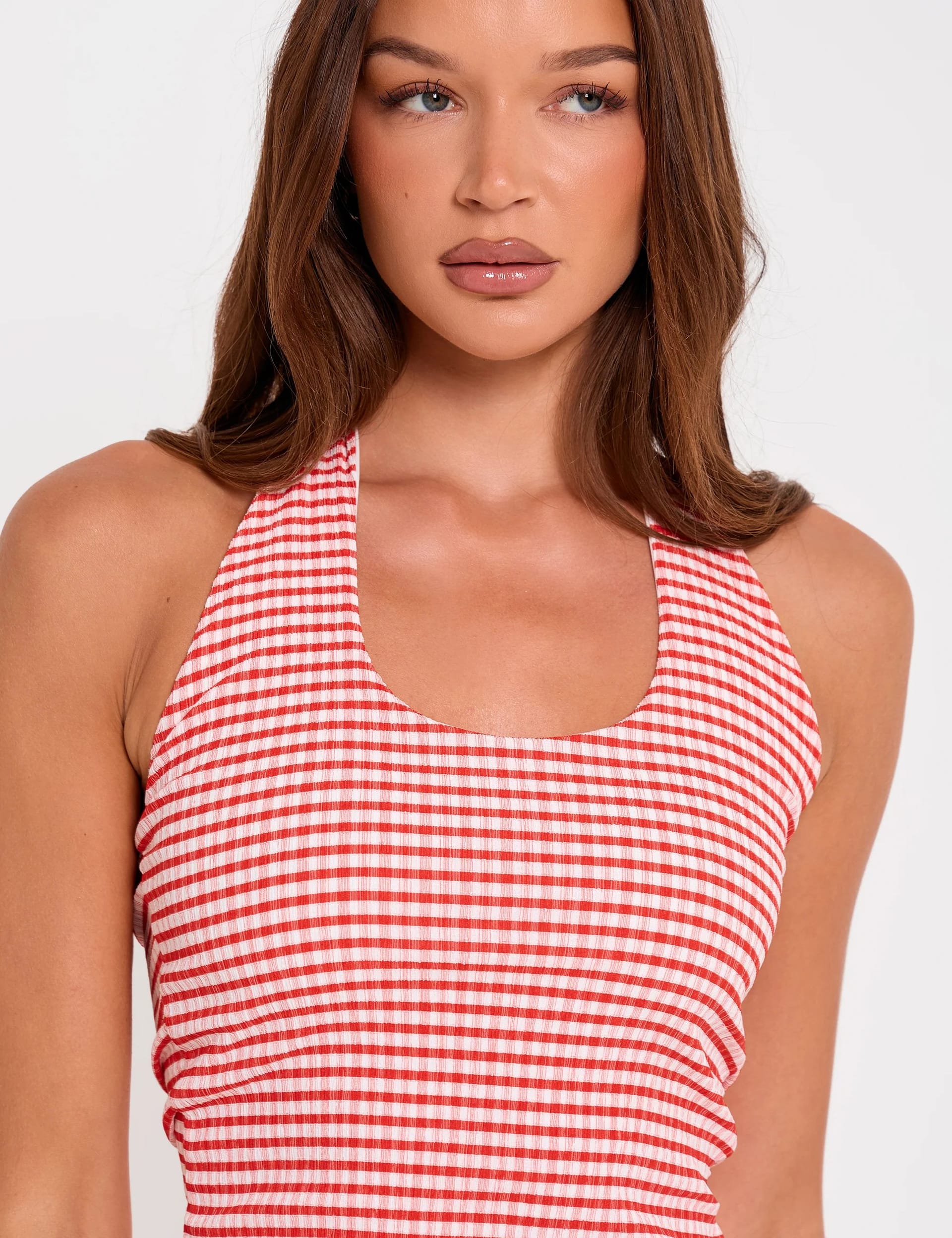 Public Desire Halterneck Gingham Crop Top Red And White - 4