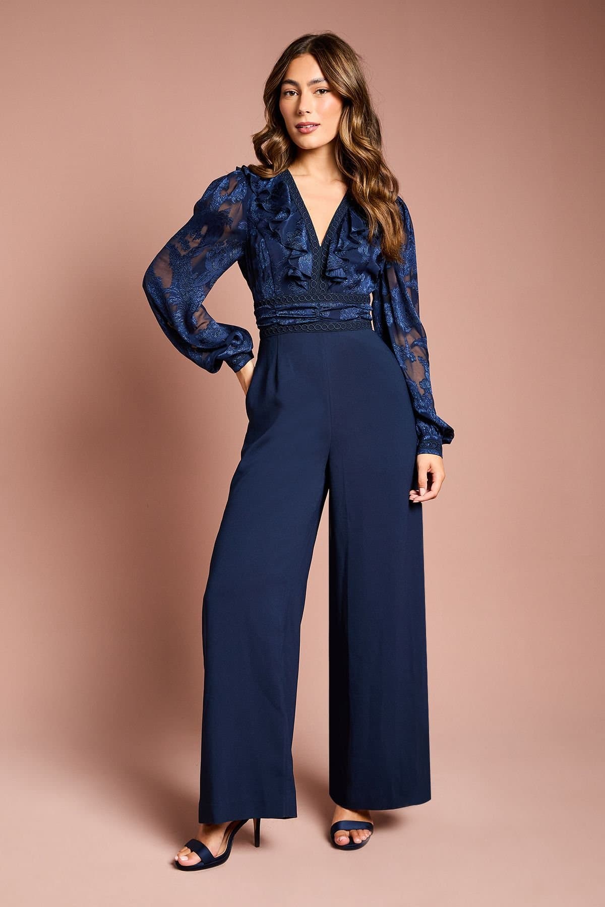 Coast Coast Women's Long Sleeve V Neck 2 in 1 Jumpsuit in Navy