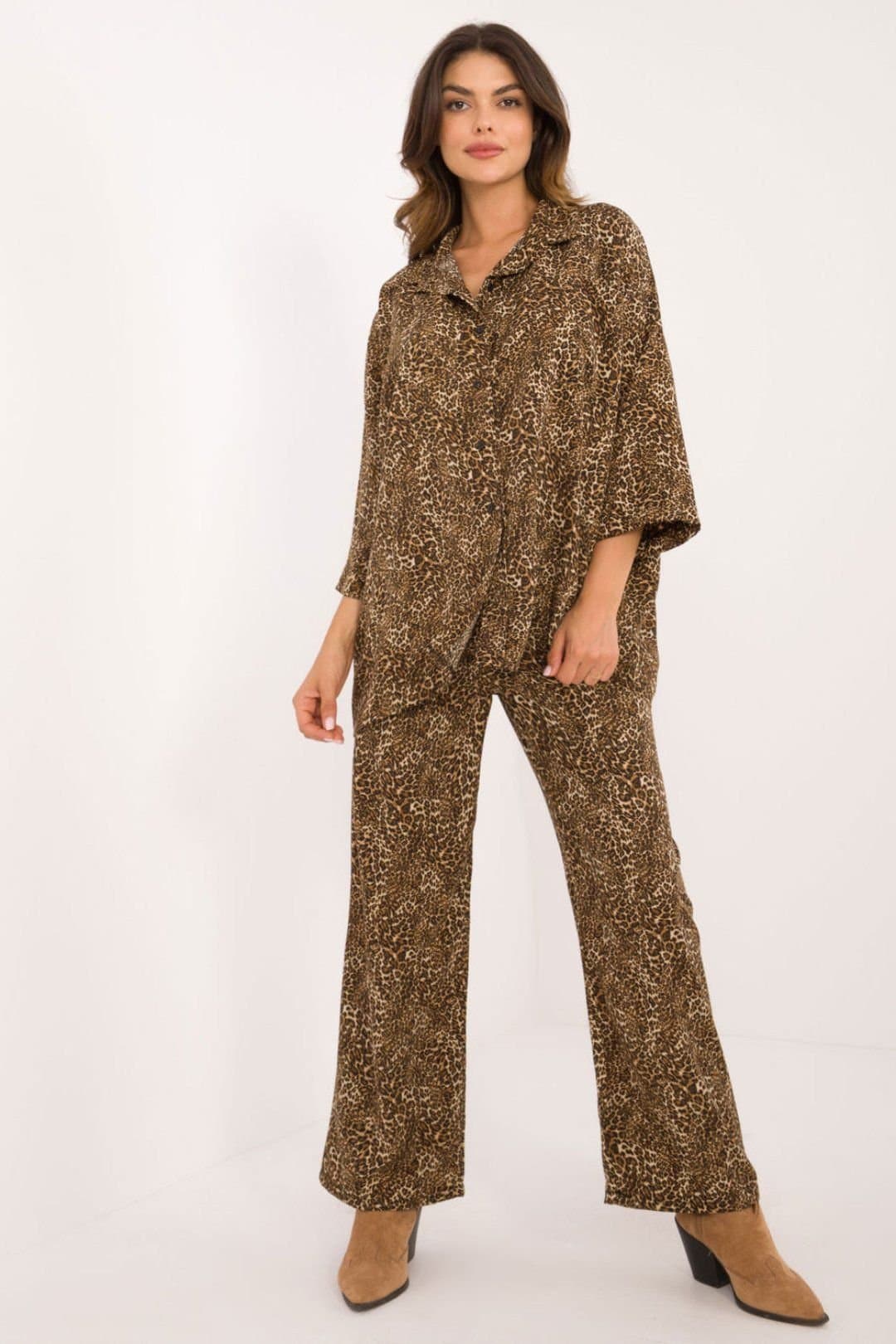 Love Lace Love Lace Women's Animal Print Button Shirt & Wide Leg Pants Set Style 200221 in Brown