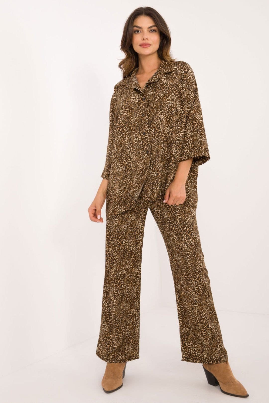 Love Lace Brown Animal Print Button Shirt & Wide Leg Pants Set