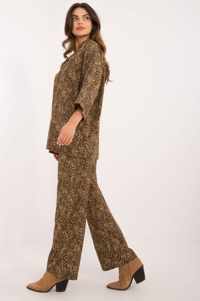 Love Lace Love Lace Women's Animal Print Button Shirt & Wide Leg Pants Set Style 200221 in Brown - 2
