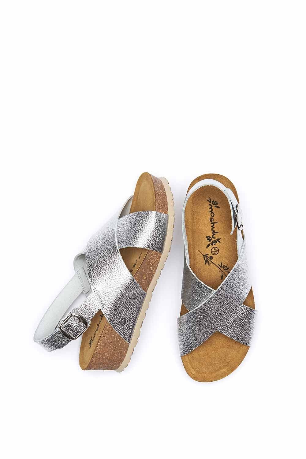 Moshulu Moshulu Women's 'Harlyn' Leather Cross-Over Cork Wedge Sandals in Metallic Silver - 2