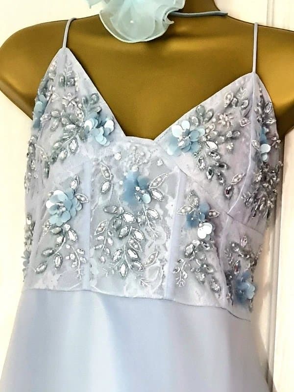 ASOS Design Sensational Blue Beauty 3 piece Occassion Jewelled Midi Dress Sequin Shawl Scarf Fascinator Set