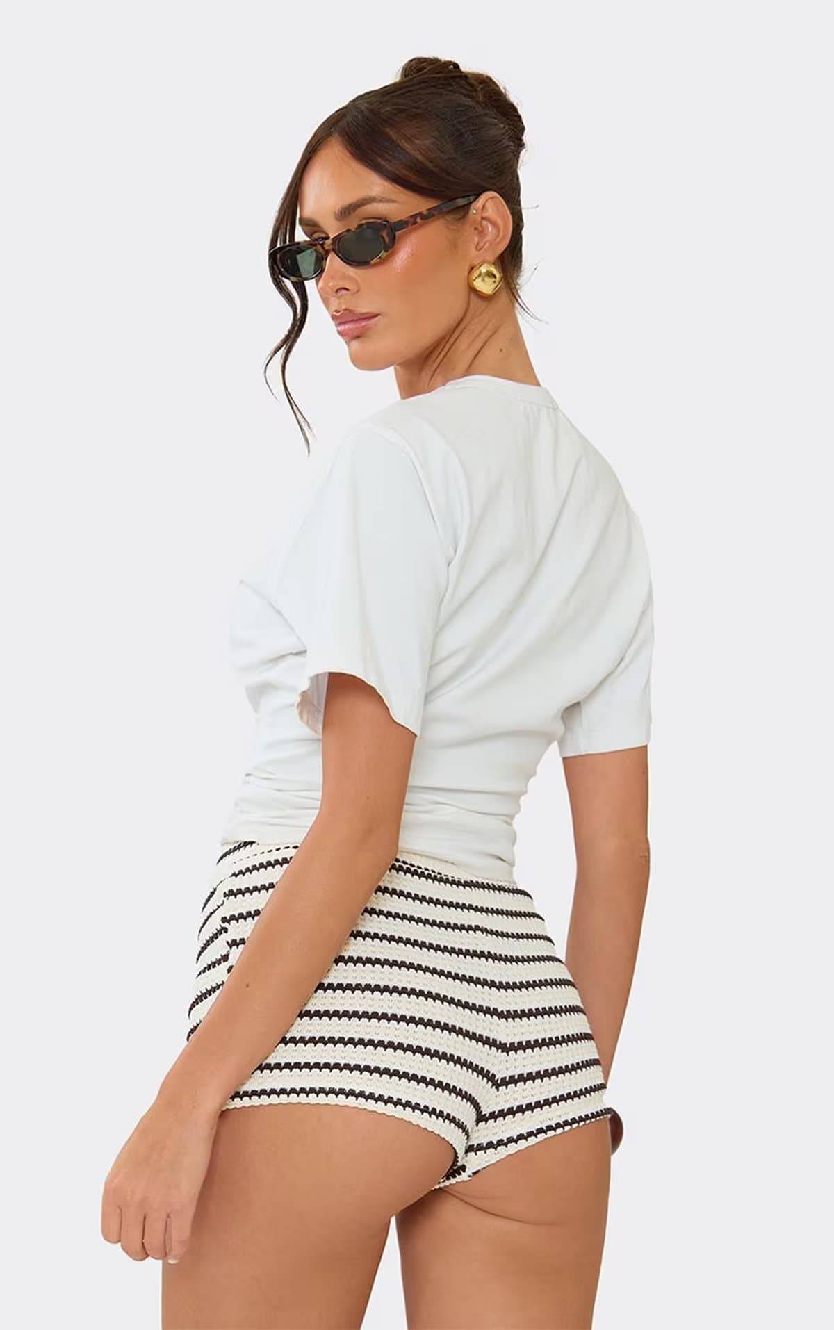 EGO Mid Rise Hot Pant Shorts In Beige Stripe, Women's Size UK 8