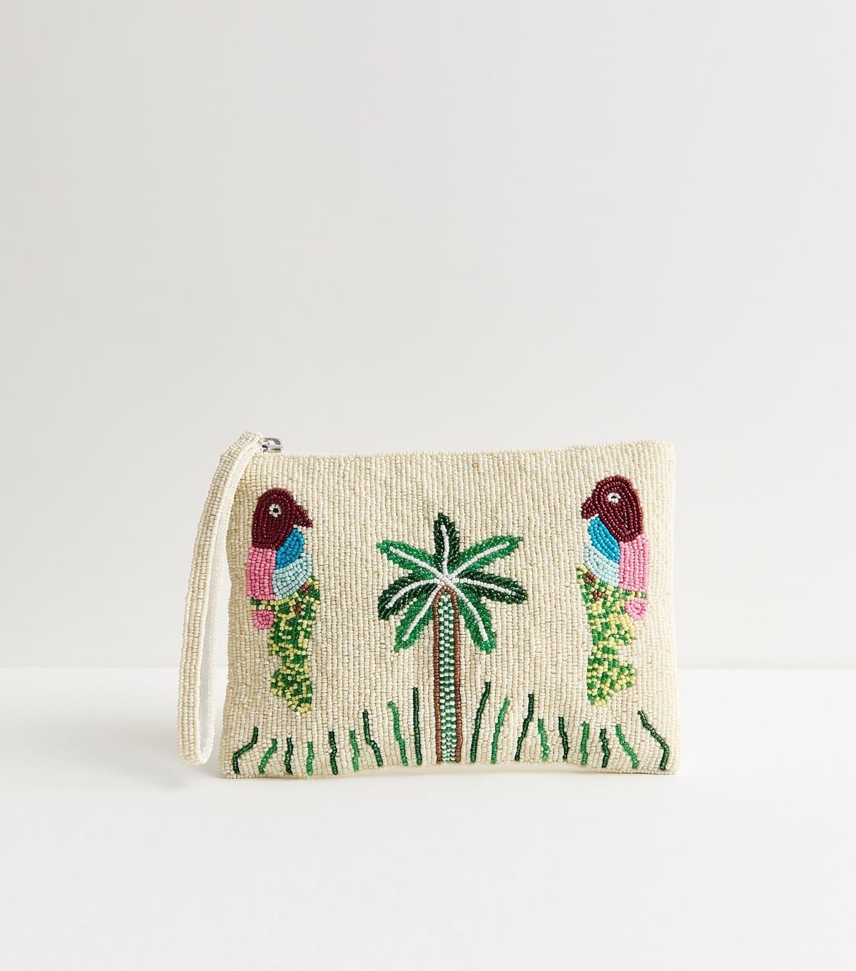 New Look Cream Tropical Parrot Beaded Pouch Bag New Look