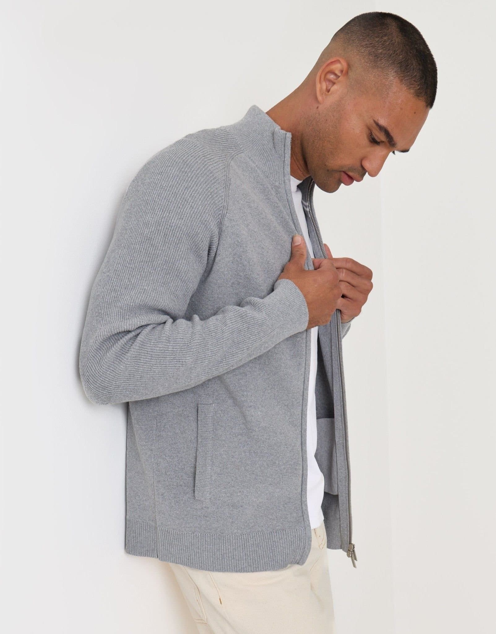 Threadbare threadbare Men's Knitted Zip Up Funnel Neck Cardigan in Grey