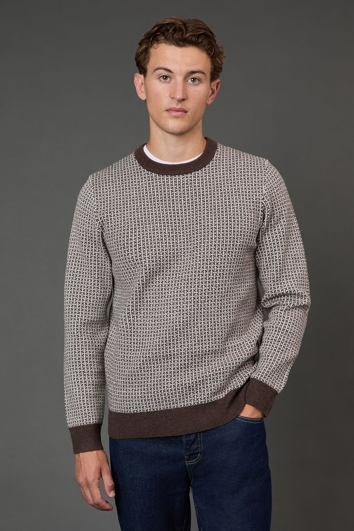 Burton Burton Men's Dark Brown Super Soft Knitted Geo Crew Neck Jumper in Dark Grey - 2