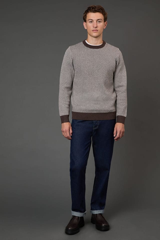 Burton Burton Men's Dark Brown Super Soft Knitted Geo Crew Neck Jumper in Dark Grey - 2