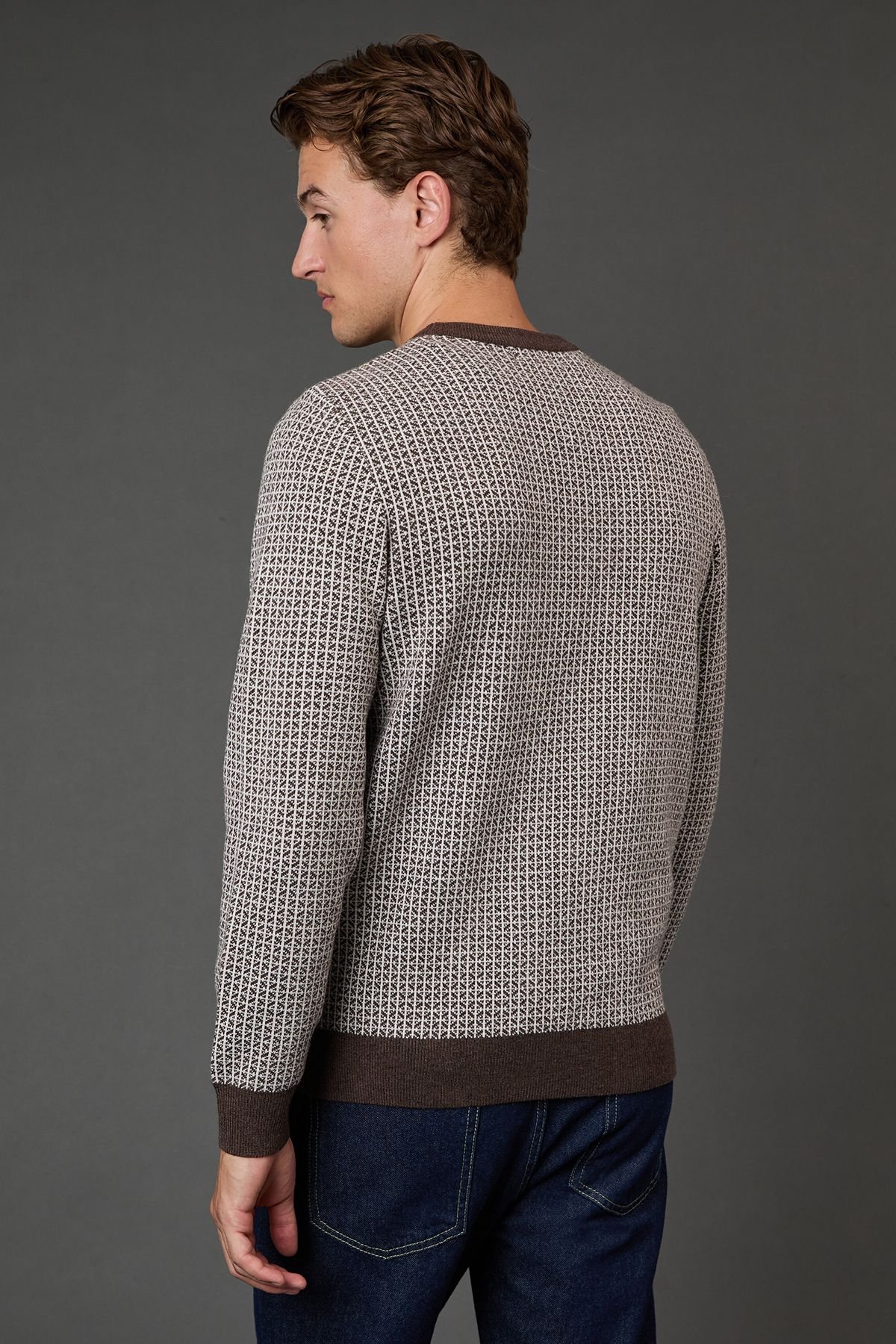 Burton Burton Men's Dark Brown Super Soft Knitted Geo Crew Neck Jumper in Dark Grey - 3